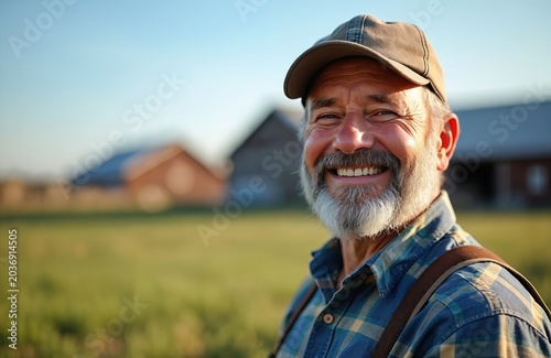 Elderly man with beard and cap on farm smiles warmly. He wears plaid shirt and suspenders, looking at camera. Rural landscape background with barns, clear sky.