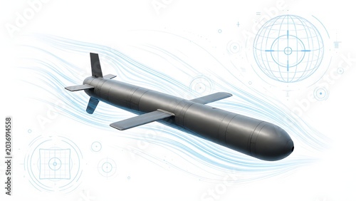 Futuristic Tomahawk Missile Hovering with Holographic Targeting Interface on White Background