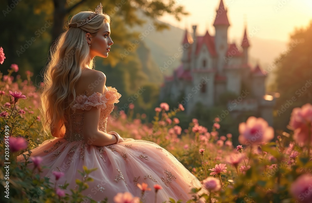 Naklejka premium Blonde woman in princess dress sits in flower garden. Fairy tale castle in background. Golden hour light illuminates lush pink roses. Female dreams, looks aside in fantasy setting.
