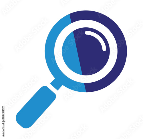 Blue magnifying glass icon with split color lenses zoom lens magnifying magnifier research investigation