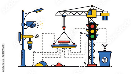 Smart City Construction and IoT Infrastructure Network. Intelligent Traffic Light, Crane Automation, CCTV, and Connected Waste Management Illustration.