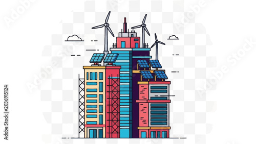 Sustainable Smart City Building Vector. Eco-Friendly Urban Skyscraper with Solar Panels and Wind Turbines. Renewable Energy Technology.