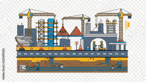Urban Construction Cross-Section Illustration showing Building Development, Tower Cranes, and Underground Infrastructure Engineering