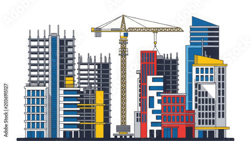 Hand-drawn Urban Construction Site Skyline. City Development illustration with buildings under progress, skeletal frames, and large tower crane.
