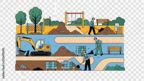 Cross-Section Illustration of Underground Utility Construction and Maintenance in a City Park or Playground