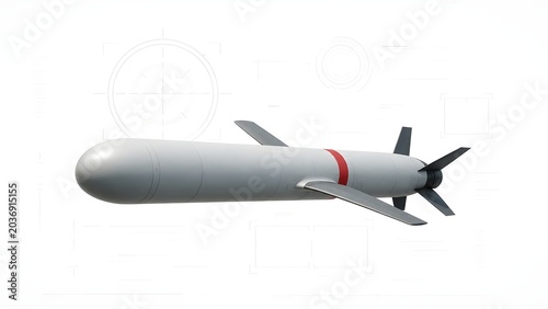 Tomahawk Cruise Missile with Subtle Digital HUD Overlay – Futuristic Defense Concept on White Background