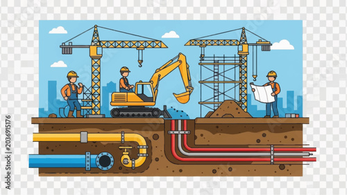 Construction Site Illustration: Workers, Excavator, and Cranes Installing Underground Utility Pipes. Cross-Section View of Infrastructure and Engineering Work.