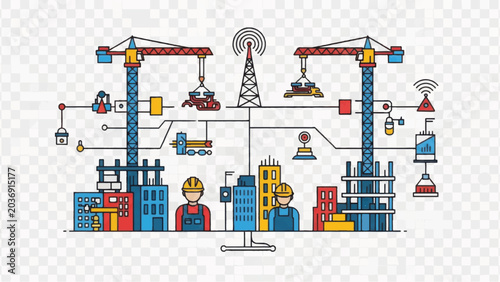 Connected Smart Construction City: Digital Building Site, Internet of Things (IoT) Network, Cranes, Infrastructure Development, and Telecommunication Technology.