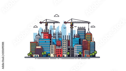 Modern City Construction Vector Illustration. Urban Skyline Development, Building Growth, Architecture and Engineering Progress Site.
