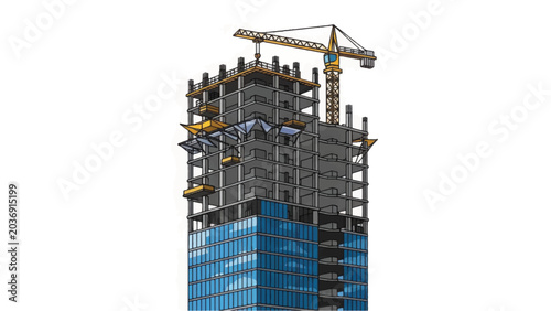 Skyscraper Construction Site Illustration. High-rise building frame structure development with tower crane isolated on white.