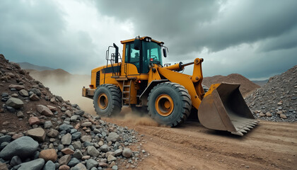 Yellow bulldozer moves gravel on construction site. Heavy machine works on rugged terrain under cloudy sky. Industry vehicle loads earth and rocks. Building industry equipment operates.