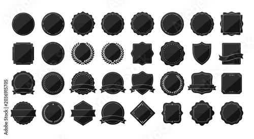 Set of black blank badges, labels, emblems and seals on white background