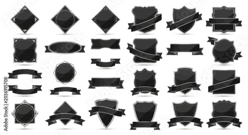 Set of Black Vintage Badges and Ribbons, Emblem Shapes, Heraldic Shields, Labels