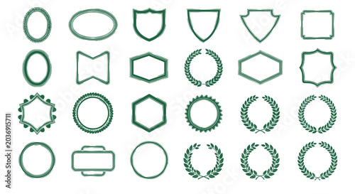 Set of Hand Drawn Green Decorative Frames and Laurel Wreaths on White Background
