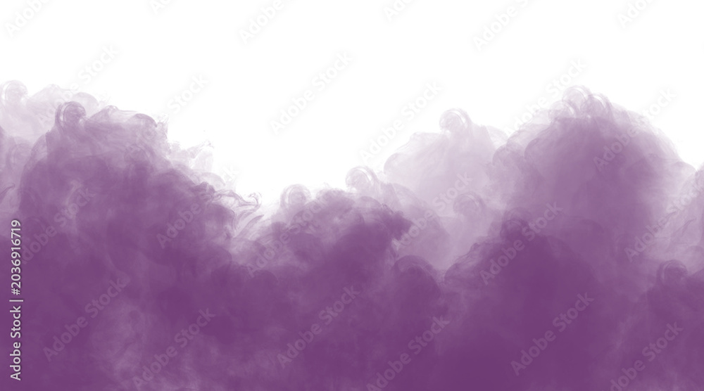 Fototapeta premium Purple smoke graphic element forming a horizontal border across the lower half of an isolated plain white background