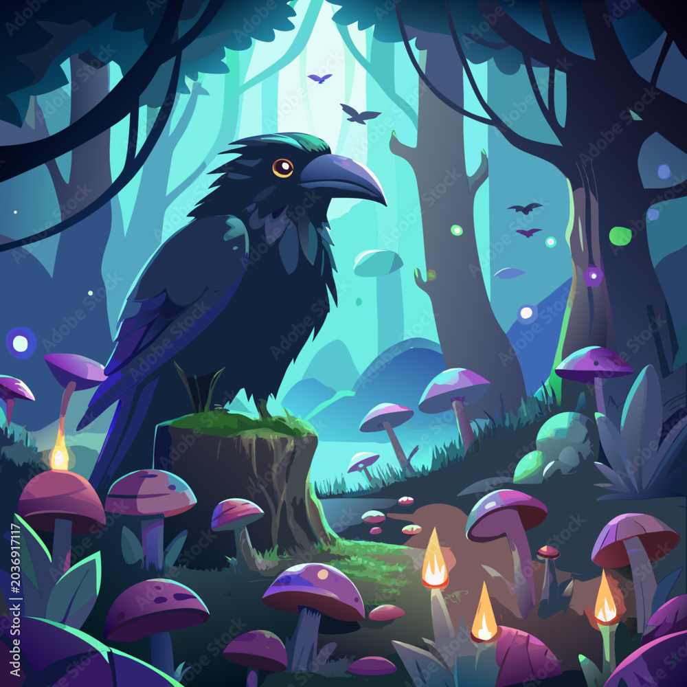 Fototapeta premium Raven perched in a glowing enchanted forest at night