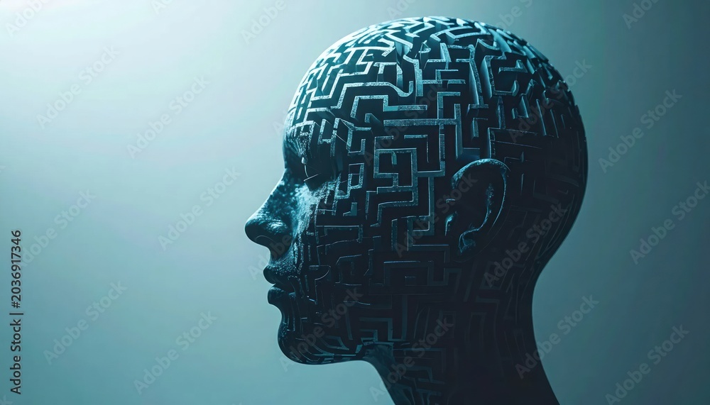 Obraz premium Abstract Digital Brain Maze Pattern on Human Head Silhouette.