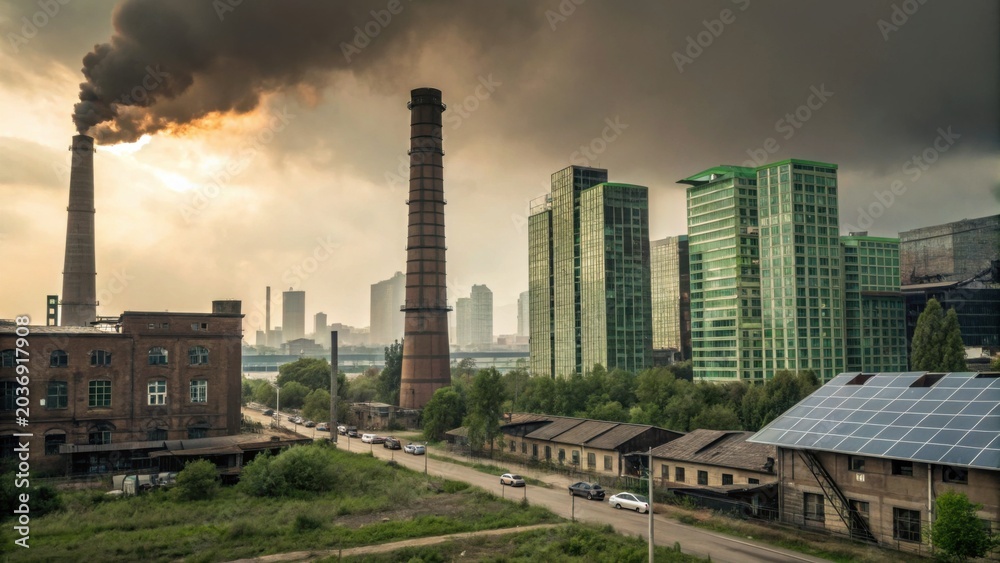 Naklejka premium Industrial chimneys emit thick smoke near green modern buildings under a cloudy sky, blending urban development with pollution and industrial decline.