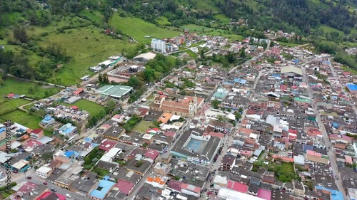 Aerial Drone Tracking Over Choachi Rural Town in Green Mountain Valley