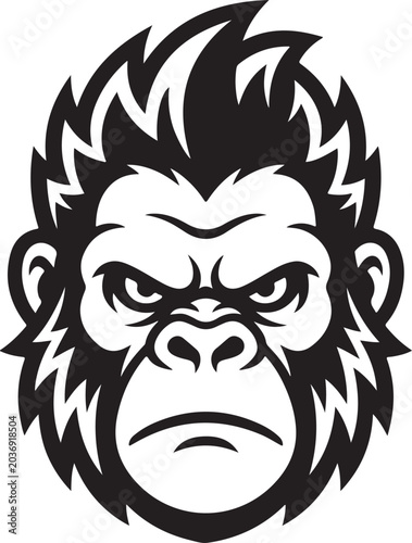 Black and white illustration of a gorilla head with spiky hair vector illustration