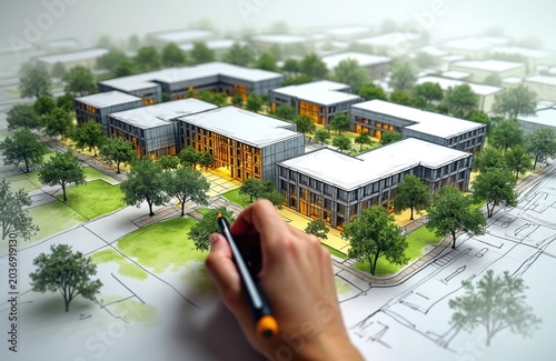 Architect draws building plans for urban development. Hand sketches model of modern housing complex  green spaces  roads. Design shows site layout  perspective  detailed construction.