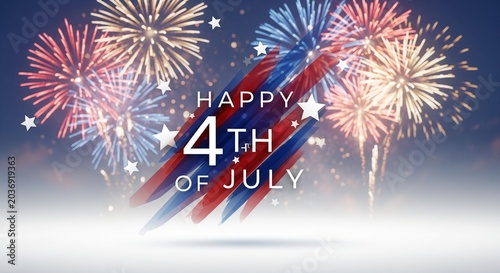 Happy 4th of July text with red and blue fireworks exploding in a dark night sky with white stars and bokeh lights, patriotic celebration concept