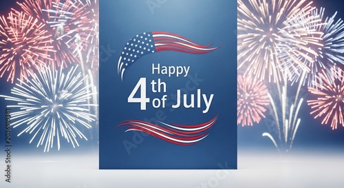 Happy 4th of July greeting card with American flag elements and colorful fireworks exploding in a dark blue night sky with a subtle gradient and soft ground mist.