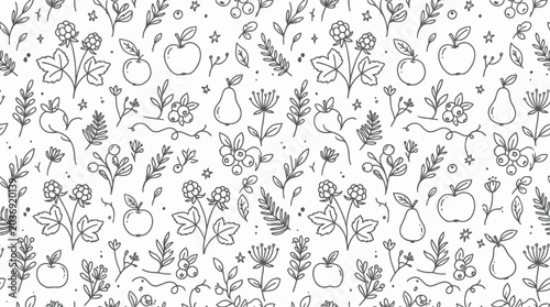 Monochrome botanical pattern featuring herbs and vegetables.