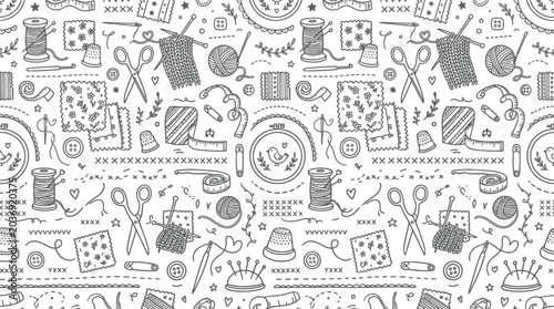 Valokuva Monochrome sewing tools pattern featuring scissors thread needles buttons measuring tape and pins