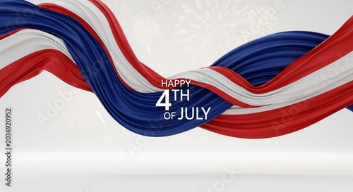 Abstract flowing red white and blue fabric draped elegantly with subtle white fireworks in the background celebrating American Independence Day holiday with text overlay