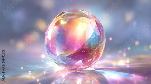 Vibrant crystal ball with colorful reflections and bokeh background