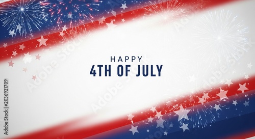 Happy 4th of July text with fireworks and stars in patriotic red white and blue colors on a bright white background, festive celebration graphic design