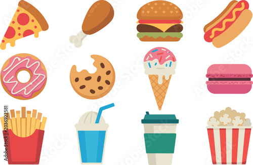 Fast Food and Sweet Dessert Flat Vector Icon Set Featuring Burger Pizza Fries Hot Dog Donut Cookie Ice Cream and Coffee for Menu Graphic Designs