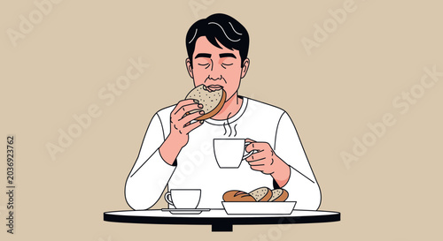 Man enjoying breakfast eating bread and drinking coffee at the table in cartoon style