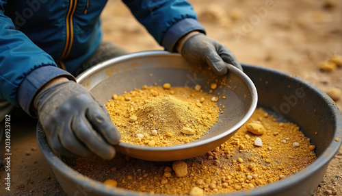 Person wearing gloves uses sieve to sift gravel for gold. Recovering precious metal particles from dirt and stones outdoors. Prospecting activity to find valuable minerals. Search for wealth.