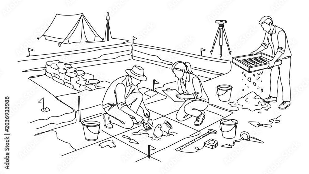 Obraz premium Archaeologists excavating a historical site outdoors.