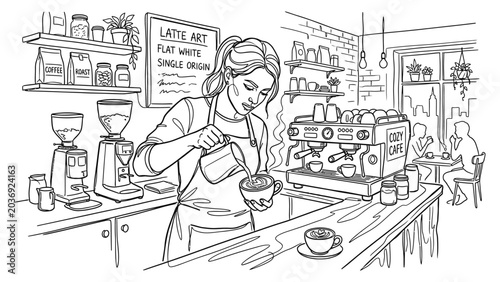 Woman making coffee in a cafe.