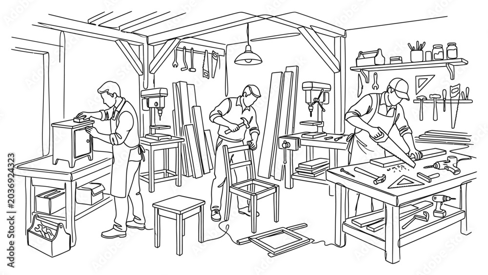 Obraz premium Three workers in a woodworking workshop.