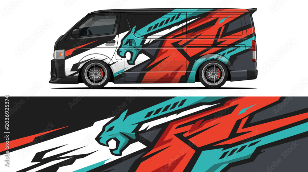 Naklejka premium Colorful van with dynamic animal graphic design.