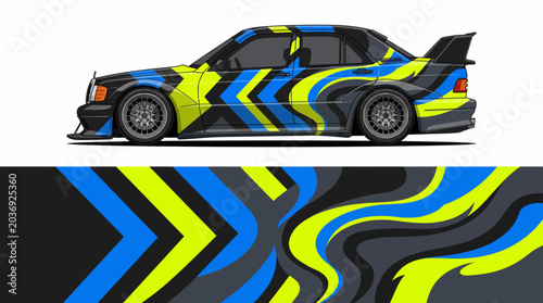 Fotografie Colorful race car with dynamic pattern design.