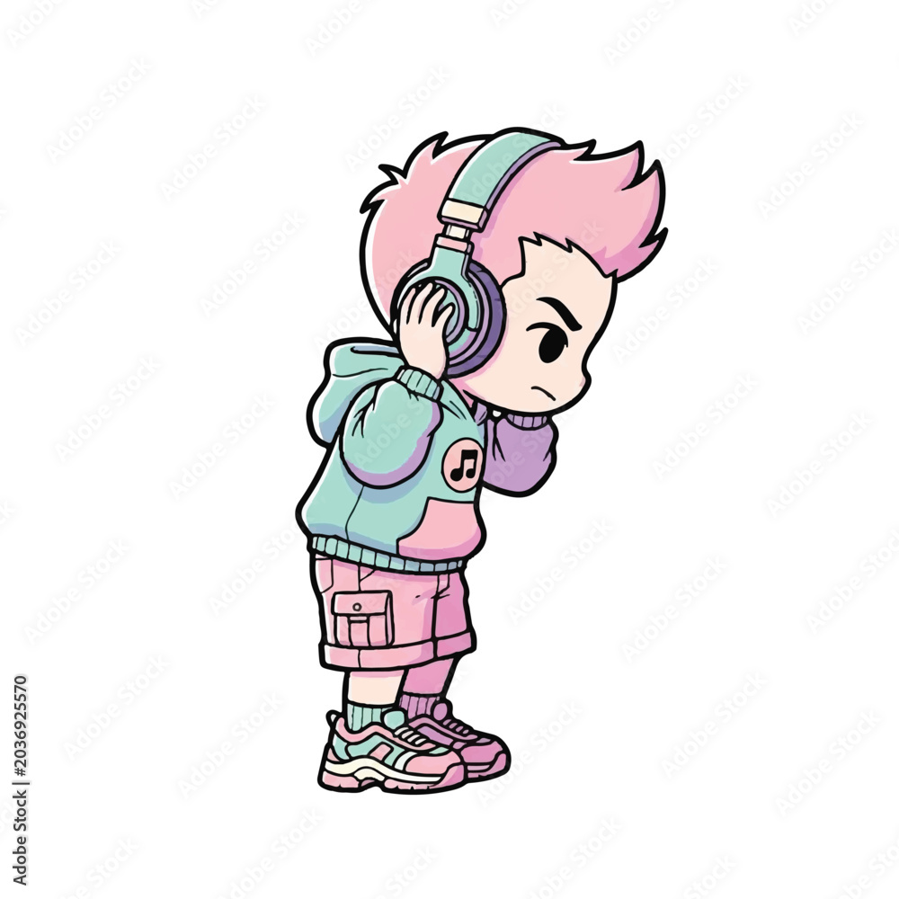 Obraz premium Cartoon kid with pink hair listening.
