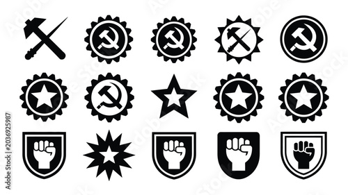 Tableau sur toile Collection of may day themed badges and icons featuring communist symbols and la