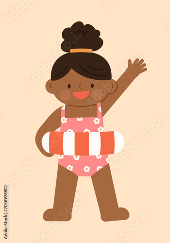 Cute Black Girl in Floral Swimsuit with Striped Pool Float, Diverse Summer Kid Character Vector
