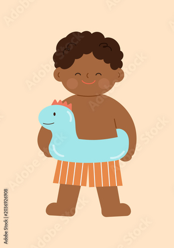 Cute Black Boy with Dinosaur Pool Ring, Dark Skin Summer Kid Illustration Vector