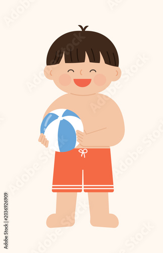Cute Asian Boy with Beach Ball, Summer Swimming Kid Character Illustration Vector
