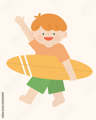 Cute Redhead Boy Running with Surfboard, Summer Beach Kid Character Illustration Vector