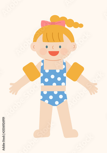 Cute Blonde Girl with Swim Armbands and Polka Dot Swimsuit, Summer Beach Kid Character Vector