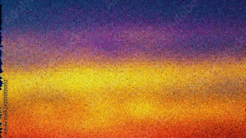 Abstract pixelated sunset background with orange and blue hues.