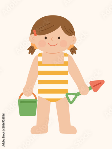 Cute Girl with Sand Bucket and Shovel, Summer Beach Kid Playing Sand Illustration Vector