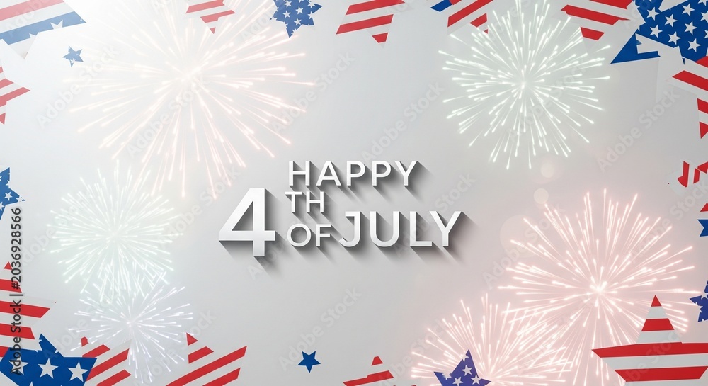 Fototapeta premium Happy 4th of July text with fireworks and American flag stars border on a light gray background, festive celebration graphic design, patriotic holiday greeting card concept